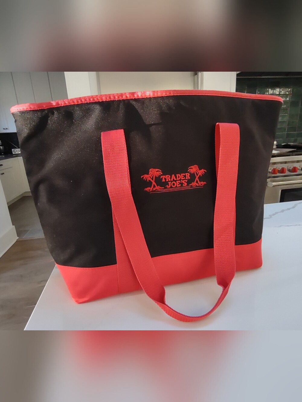 Trader Joe's Insulated Canvas Tote Bag Black & Red with Top Zipper. Excellent!